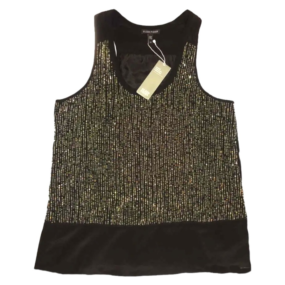 $298 Eileen Fisher Rivulet Sequin Top Small 6 8 Silk Crepe de Chine Racerback